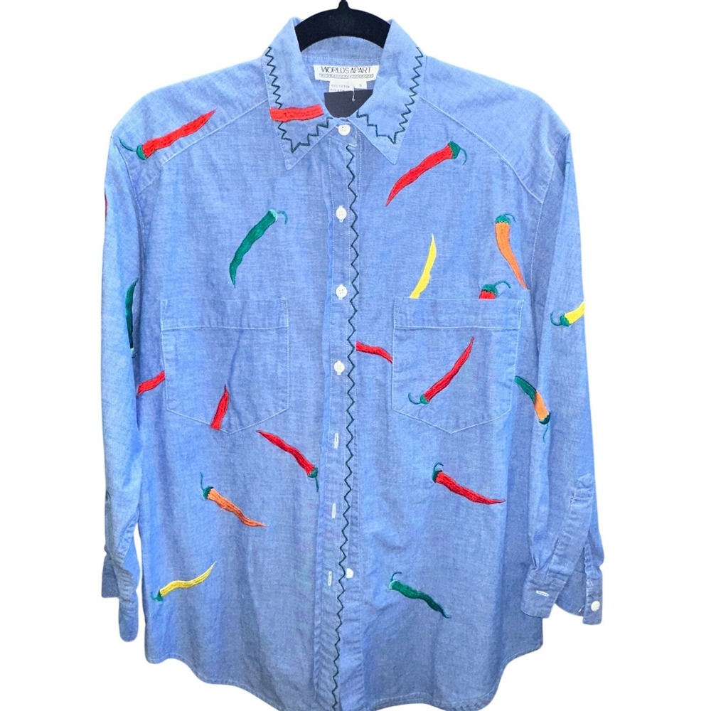 Worlds Apart Vintage Chili Pepper Embroidered Chambray Shirt Blue Cotton Small